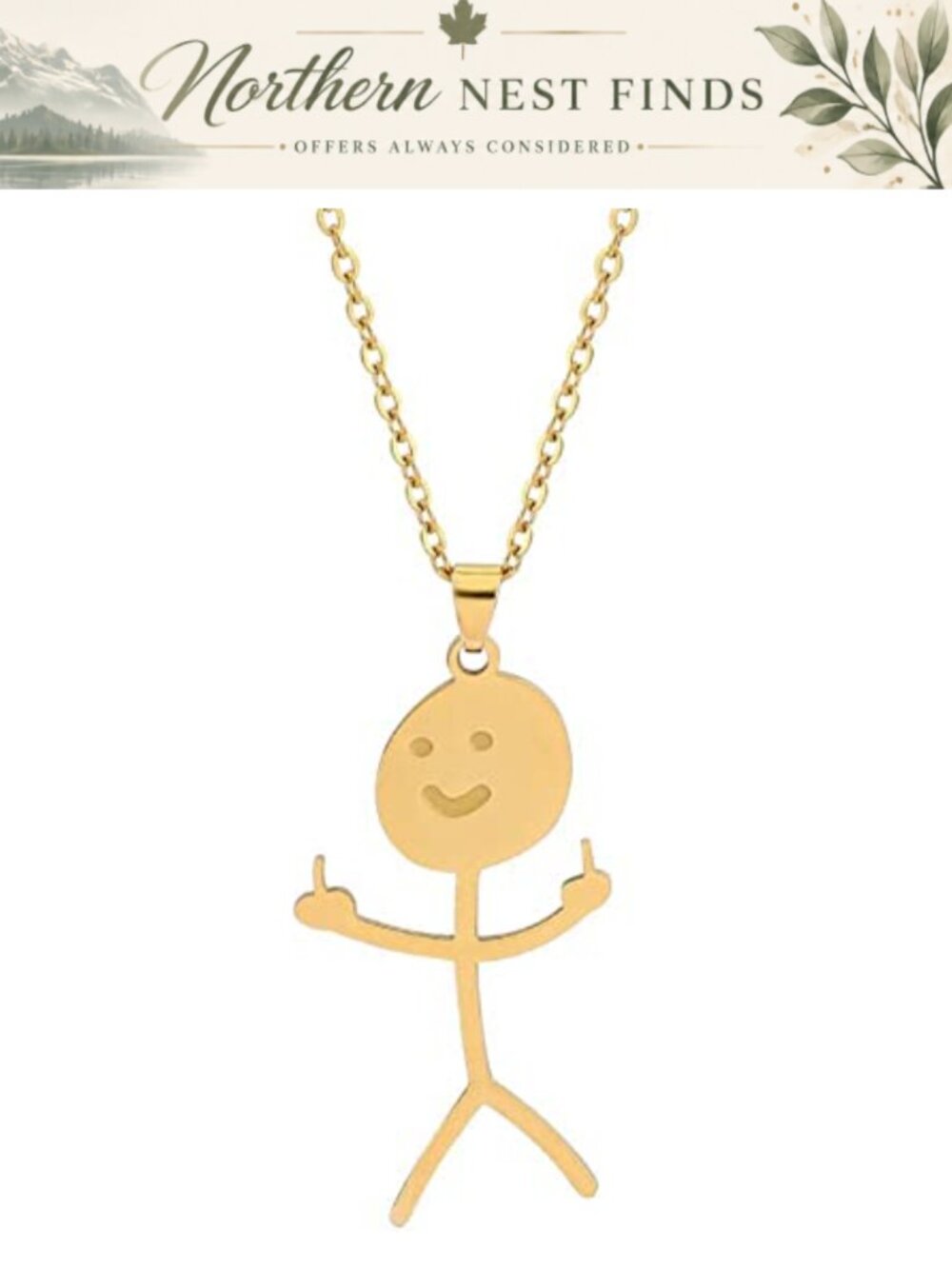 Stainless Steel Smiley Middle Finger Pendant Necklace 50x28mm Chain